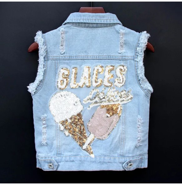 Baby Girl's Denim Cartoon Vest  Jacket Coat Outfits Toddler Kids Sequins Embroidery Girls Waistcoat Children Clothing Outerwear