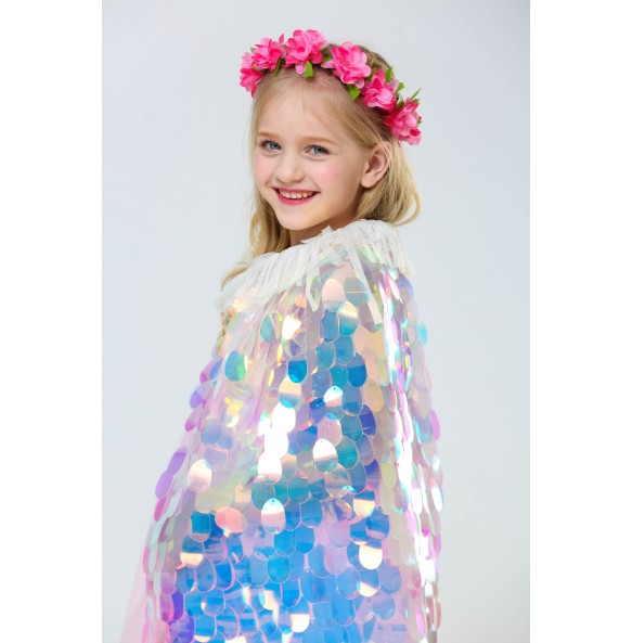 New Little Mermaid Princess Girls Sequins Cape Cloak for Beach Party Clothes Children Rainbow Shawl Cosplay Christmas Wear