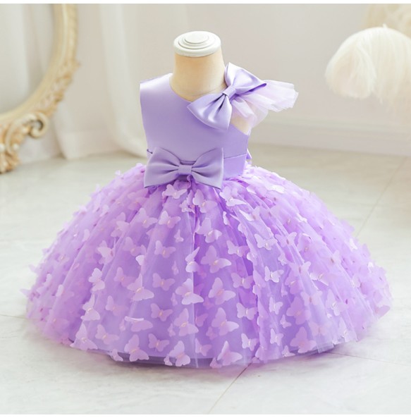 New Cute Butterfuly Flower Girls Brithday Wedding Dress Baby Kids Beauty Dress With Bownot