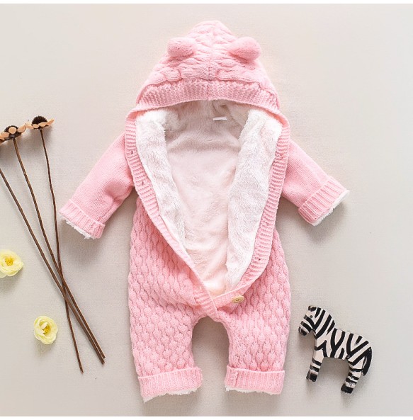 Winter Thick Warn Baby Kids Woolen Knitted Jumpsuit Infant Boys Girls Sweater Hoodied Cute Romper Toddler Outfits Clothing