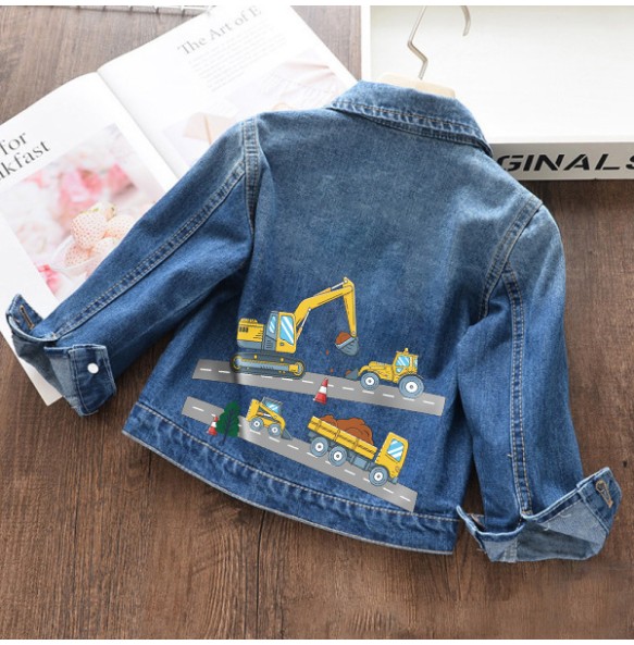 Autumn and winter Boys and Girls New Unicorn Excavator Cartoon Cute Print Polo Collar Long Sleeved Denim Coat for 2-10 Years