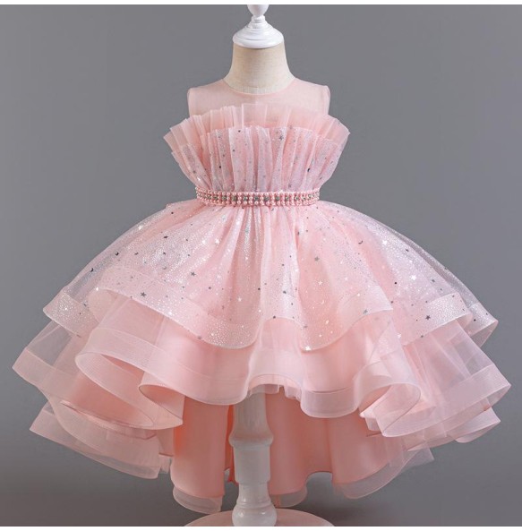 New Girl's Sequin Beaded Bow Drag Tail Mesh Fluffy Dress Wedding Flower Girl Birthday Party Fashionable Princess Dress