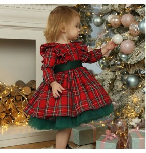 New 6M-5 Years Christmas Dress For Girls Toddler Kids Red Green Plaid Bow Dresses For Girl Xmas Party Princess Costumes Clothes