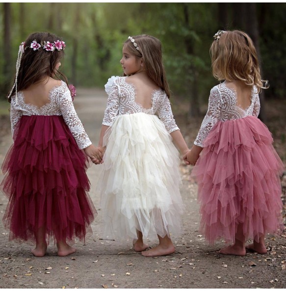 Wedding Girl Backless Lace Flower Princess Dress Baby Kids Floor Long Dresses Children Clothing Party Gown Vestidos Clothes