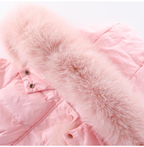 Girls' Winter New Solid Color Hoodie with Hairy Collar and Waist Collection Fashionable Windproof and Warm Long Cotton Jacket