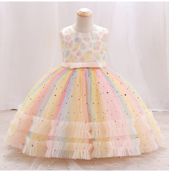 New Girl Embroidered Star Sequin Rainbow Mesh Sleeveless Dress Christmas Birthday Party Evening Dress for 1-10 Years Girl