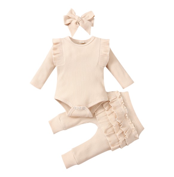 3Pcs Baby Girl Outfit Set Newborn Toddler Kids Clothing Set Baby Girls Lace Ruffles Cotton Bodysuit +Pants+Headband Clothing