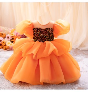 Girl's New Mesh Bubble Sleeves Sequin Fluffy Skirt Birthday Party Wedding Flower Girl School Stage Drama Performance Dress