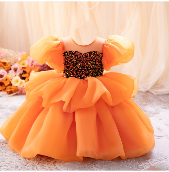 Girl's New Mesh Bubble Sleeves Sequin Fluffy Skirt Birthday Party Wedding Flower Girl School Stage Drama Performance Dress