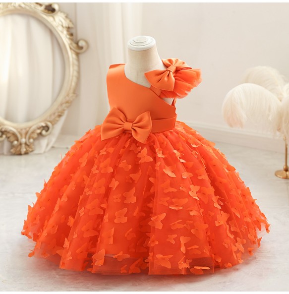 New Cute Butterfuly Flower Girls Brithday Wedding Dress Baby Kids Beauty Dress With Bownot