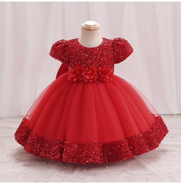 Hight Quality Princess Girls Sequin Flower Short Sleeve Ball Gown Party Dress Baby Kids Elegant Wedding Baptismal Dress Clothing