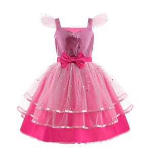 2024 Girls' New Barbie Bow Print Small Flying Sleeve Dress for Graduation Party Sweet and Cute Fashion Mesh Dress