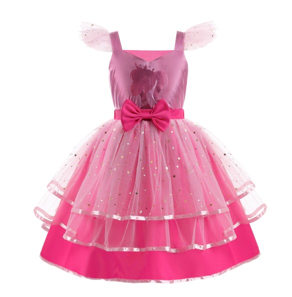 2024 Girls' New Barbie Bow Print Small Flying Sleeve Dress for Graduation Party Sweet and Cute Fashion Mesh Dress