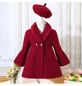 Girls' Winter Solid Color Fashion Long Flare Sleeves Versatile Warm Polo Collar Coat with Spliced Fleece Collar Coat