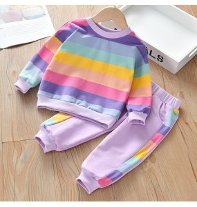 Baby Girls Rainbow Striped Spring Autumn Sport Causal Clothing Sets Children Kids Hoody T Shirt Pants Clothes for 2 to 8 years