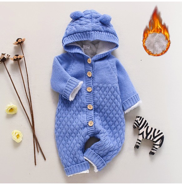 Winter Thick Warn Baby Kids Woolen Knitted Jumpsuit Infant Boys Girls Sweater Hoodied Cute Romper Toddler Outfits Clothing