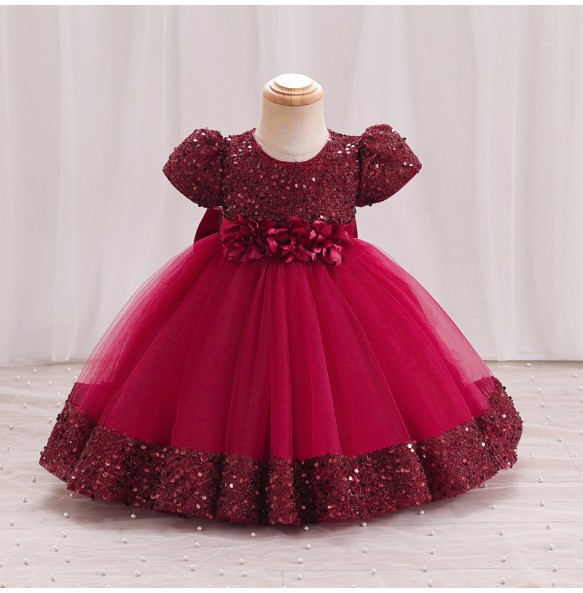 Hight Quality Princess Girls Sequin Flower Short Sleeve Ball Gown Party Dress Baby Kids Elegant Wedding Baptismal Dress Clothing