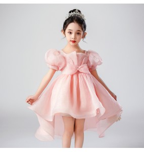 Summer New Kindergarten Children's Performance Dress Mesh Dress Bow Bubble Sleeves Fashion Tail Bubble Sleeves Dress