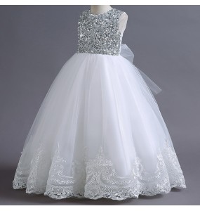 Girls sleeveless Wedding Dress children clothing pearl diamond Party Lace Tulle Princess Birthday Dress Communion Gown for Girl