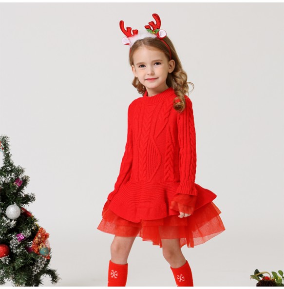 Baby Warm Girl Knitted Chiffon Dress Christmas Wedding Party Mini Tutu Dresses Winter Kids Girls Sweater Children Clothes Dress