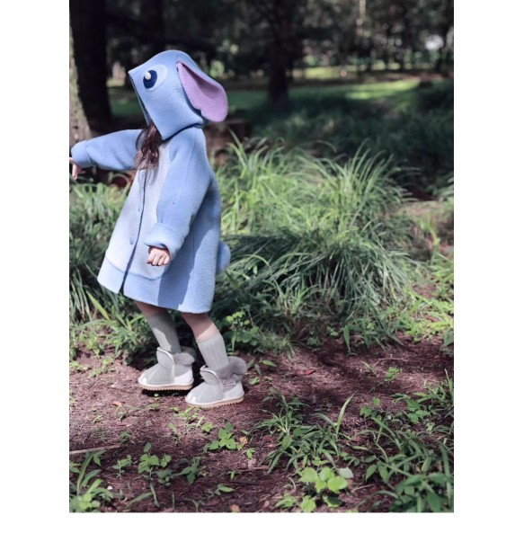 Autumn and Winter Girls New Disney Stitch Coat Purple Rabbit Children's Hooded Fashion Long Sleeve Long Woolen Coat