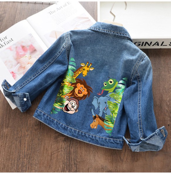 Autumn and winter Boys and Girls New Unicorn Excavator Cartoon Cute Print Polo Collar Long Sleeved Denim Coat for 2-10 Years