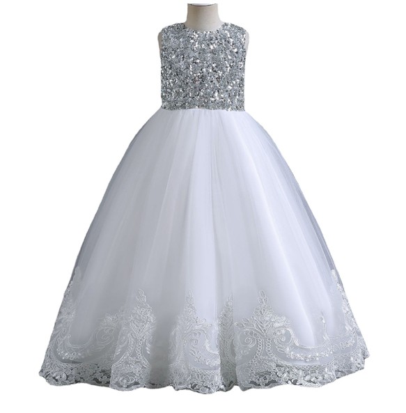 Girls sleeveless Wedding Dress children clothing pearl diamond Party Lace Tulle Princess Birthday Dress Communion Gown for Girl