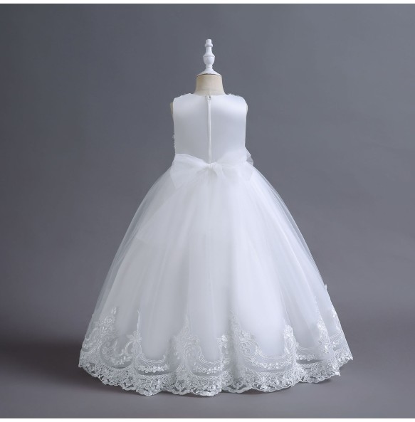 Girls sleeveless Wedding Dress children clothing pearl diamond Party Lace Tulle Princess Birthday Dress Communion Gown for Girl