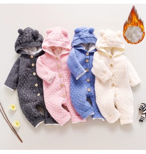 Winter Thick Warn Baby Kids Woolen Knitted Jumpsuit Infant Boys Girls Sweater Hoodied Cute Romper Toddler Outfits Clothing