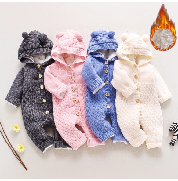 Winter Thick Warn Baby Kids Woolen Knitted Jumpsuit Infant Boys Girls Sweater Hoodied Cute Romper Toddler Outfits Clothing