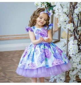 New Girls Dress With Headdress Bow Print Small Fly Sleeve Holiday Wedding Christmas Girls Princess Dress