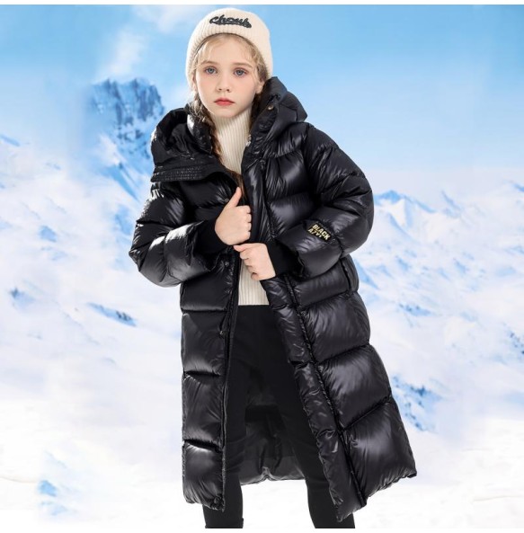 Boys and Girls Winter New Black and Gold Long Knee Length Plush and Thick Hooded Windproof and Warm Fashionable Cotton Jacket