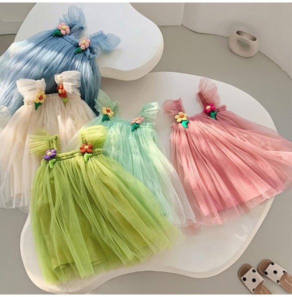 Summer Princess Girls Tulle Super Fairy Dresses Rainbow Flower Party Tutu Dress Children Mesh Puffy Birthday Vestidos Clothing