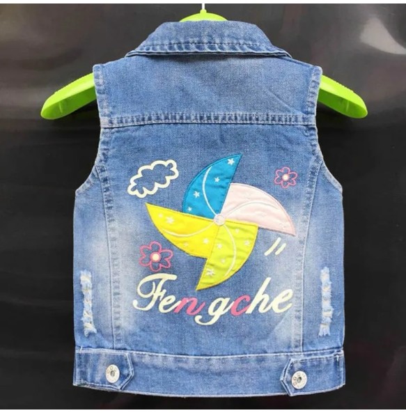 Baby Girl's Denim Cartoon Vest  Jacket Coat Outfits Toddler Kids Sequins Embroidery Girls Waistcoat Children Clothing Outerwear