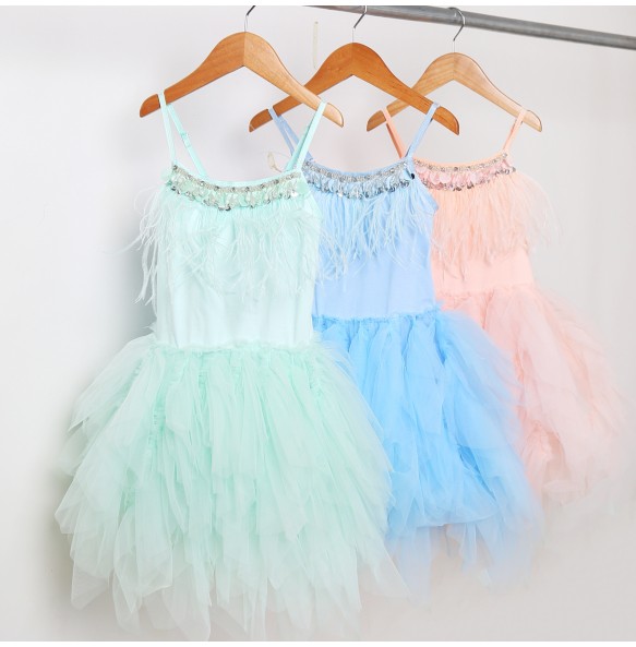 Big Size 2-12Yrs Kids Dresses Girls Elegant Feather Tassels Girls Wedding Party Dress Girls Princess Ball Gown Dresses Clothing