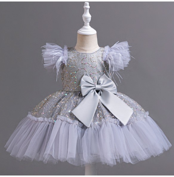 Summer New Girl's Sequin Flying Sleeves Big Bow Mesh Spliced Dress Birthday Party Wedding Flower Girl Princess Dress