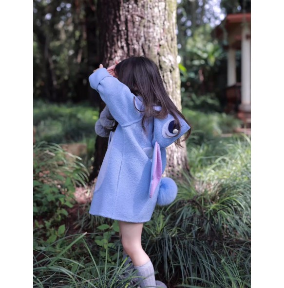 Autumn and Winter Girls New Disney Stitch Coat Purple Rabbit Children's Hooded Fashion Long Sleeve Long Woolen Coat