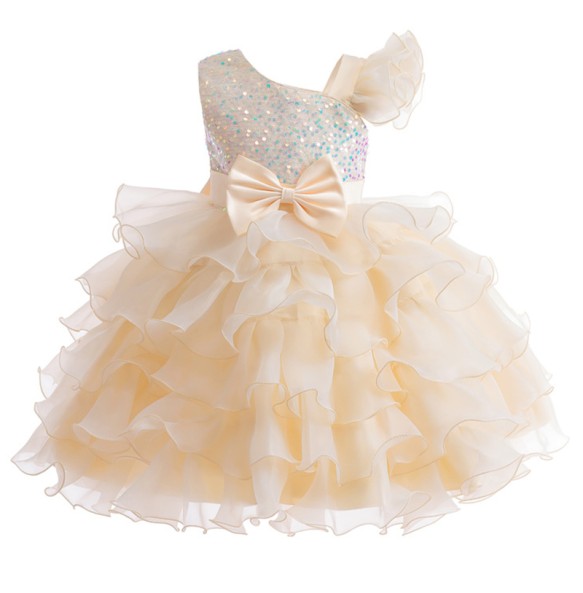 Girl's New Bow Sequin Rainbow Mesh Asymmetrical Collar Fluffy Skirt Sticker Birthday Party Stage Performance Dress