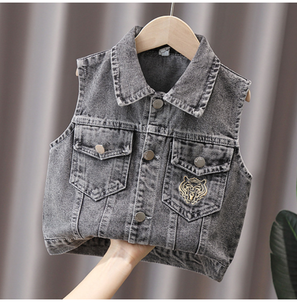 Boys and Girls Fashion Glasses Leopard Head Printed Lapel Denim Vest Spring and Autumn Versatile Show Tank Top