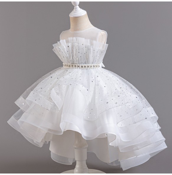 New Girl's Sequin Beaded Bow Drag Tail Mesh Fluffy Dress Wedding Flower Girl Birthday Party Fashionable Princess Dress