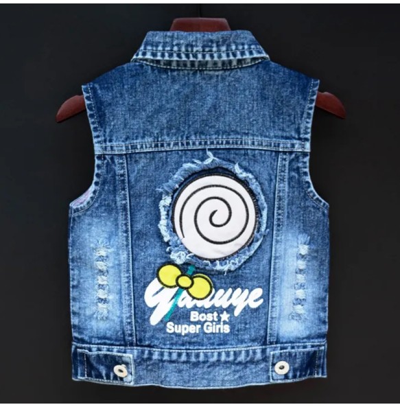 Baby Girl's Denim Cartoon Vest  Jacket Coat Outfits Toddler Kids Sequins Embroidery Girls Waistcoat Children Clothing Outerwear