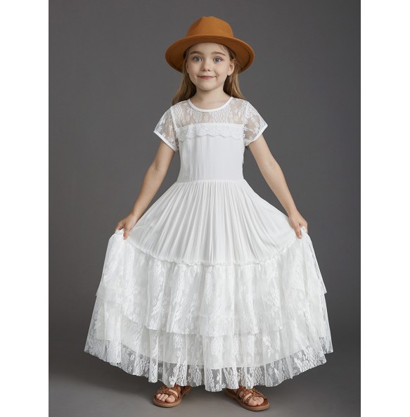 New 2024 Princess Girls Short Sleeve Lace Long Floor Dresses Baby Kids Flower Wedding Christmas Party Vestidos Children Clothing