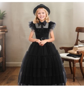 Wednesday Addams Costume Girls For Kids Addam 2024 Vestidos Mesh Party Dresses Carnival Costume Wowan Halloween Costume