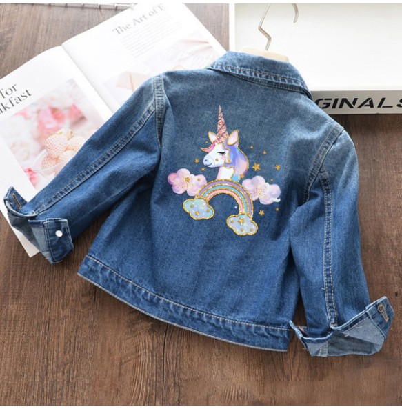 Autumn and winter Boys and Girls New Unicorn Excavator Cartoon Cute Print Polo Collar Long Sleeved Denim Coat for 2-10 Years