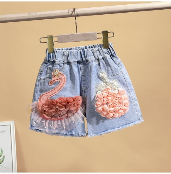 Baby Girl's Summer Cotton Denim Shorts Pants Toddler Kids Cute Swan Flower Soft Jeans for Teenager Girls Children Clothing