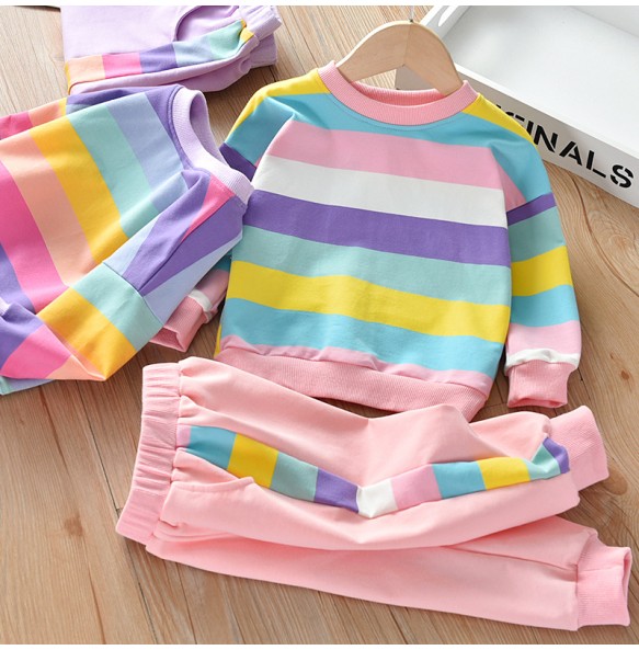 Baby Girls Rainbow Striped Spring Autumn Sport Causal Clothing Sets Children Kids Hoody T Shirt Pants Clothes for 2 to 8 years