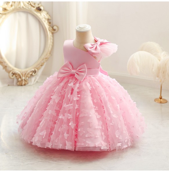 New Cute Butterfuly Flower Girls Brithday Wedding Dress Baby Kids Beauty Dress With Bownot