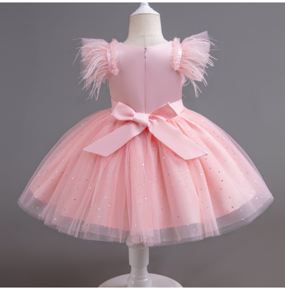 Summer Girls' New Bow Sequin Flying Sleeves Mesh Fluffy Skirt Piano Competition School Graduation Ceremony Dress