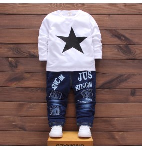 Baby Kids Denim Jacket Boys Coat Toddler Sport Clothes Suit Clothing Set Cotton Jeans Coat T-shirt Pants Star Tracksuit Children