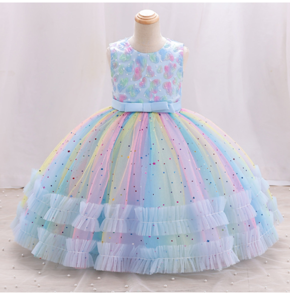 New Girl Embroidered Star Sequin Rainbow Mesh Sleeveless Dress Christmas Birthday Party Evening Dress for 1-10 Years Girl